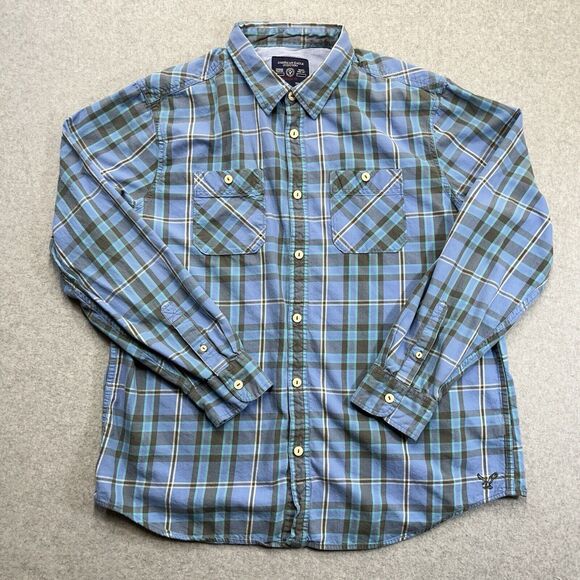 American Eagle Outfitters Mens XXL Long Sleeve Shirt Blue Grey Plaid 2XL Y2K - Picture 2 of 10